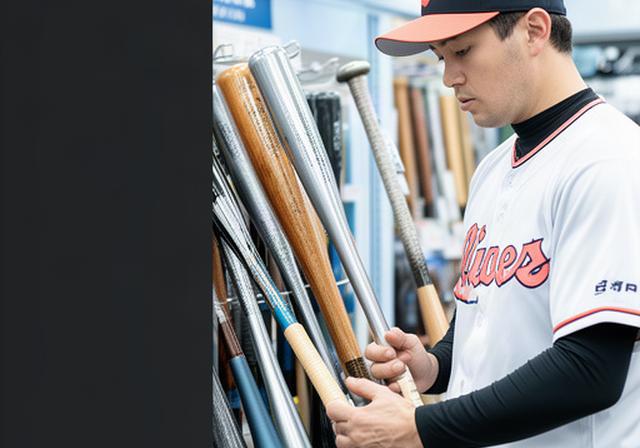 加古川の野球用品店で複数のバットを手に取って比較する選手