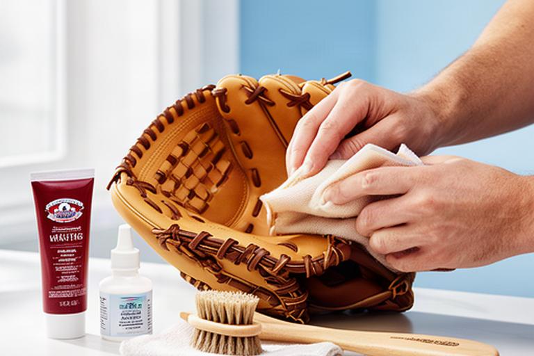 明るい室内で野球グローブを手入れする手元とメンテナンス用品
