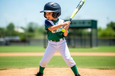 小学生の選手が明るいグラウンドで軟式バットを構える様子