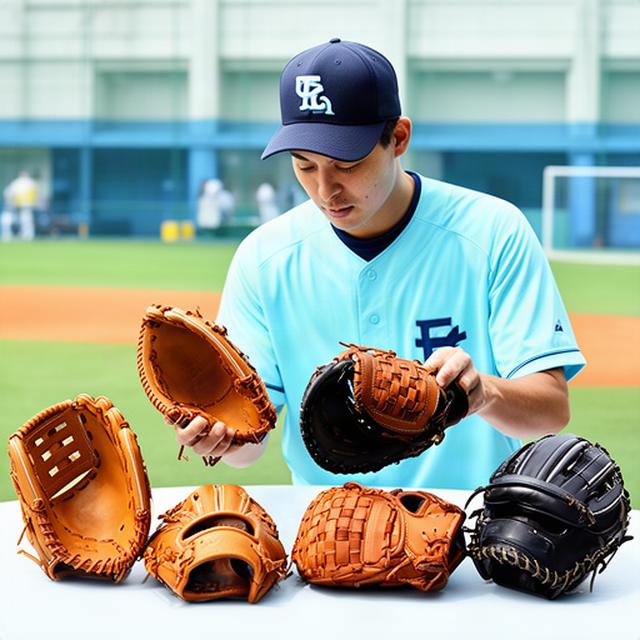 加古川の明るい野球練習場でポジション別のグローブを並べて確認する選手