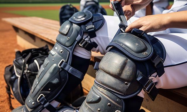 高校野球用のレガースとプロテクターをベンチ横で確認する場面