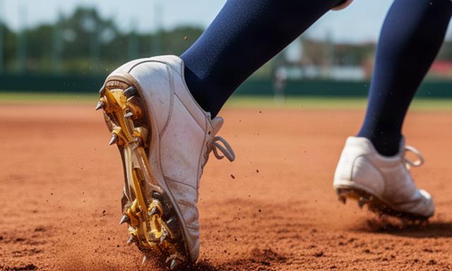 高校野球選手が土のグラウンドで金具スパイクを履いて走る足元