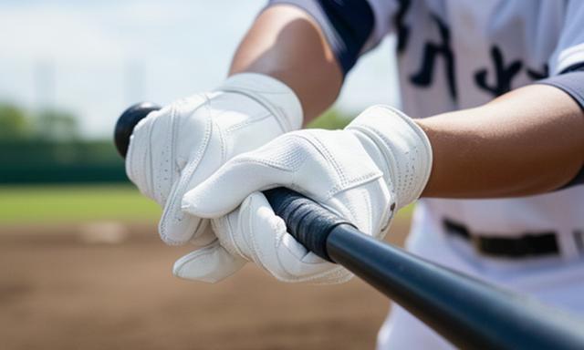 高校野球選手が打席で白いバッティンググローブを装着した手元