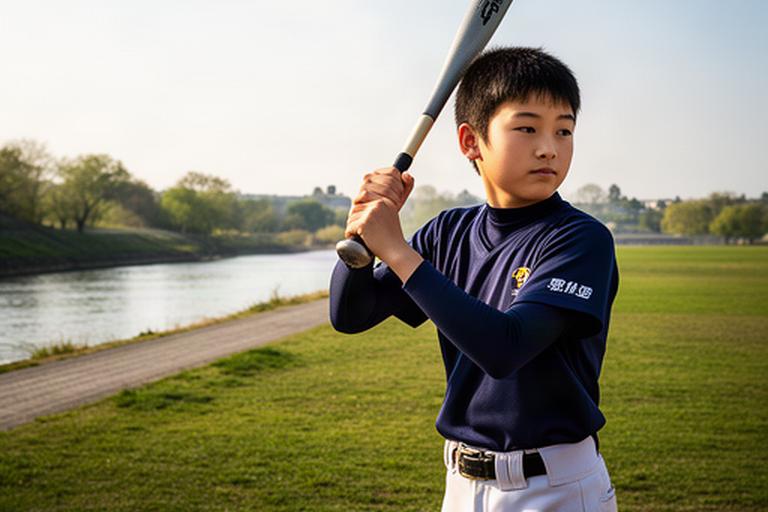 中学生の軟式野球選手が河川敷のグラウンドでバットを構え成長期の練習に取り組む様子