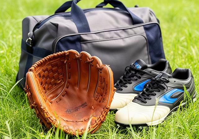 春の野球部活動に向けて軟式グローブとスパイクとスポーツバッグを芝生の上に並べた道具一式
