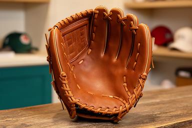 茶色の軟式用グローブを野球用品店の木製カウンターに置いた様子