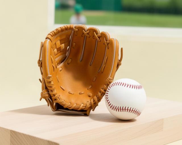 少年野球向けの小型グローブとボール、明るい木目の台に置いた商品写真