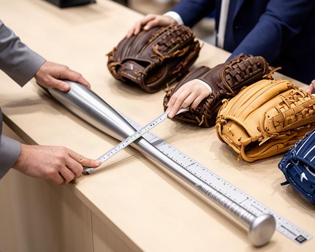 バットの長さを測る定規とポジション別グローブ、野球用品店の相談カウンター