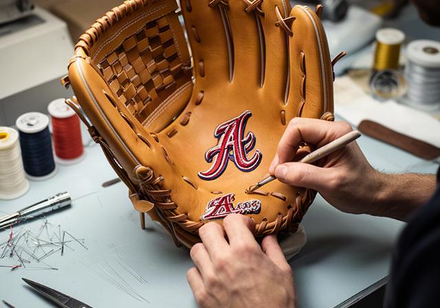 野球グローブの手のひら側にチーム名を刺繍している作業台